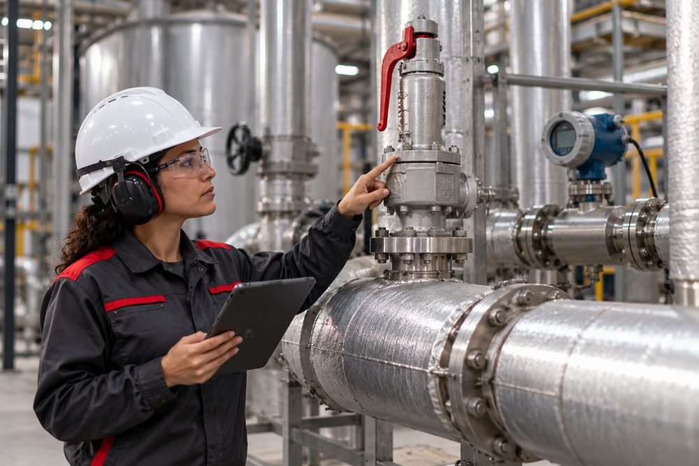 Técnica inspecionando válvula de segurança