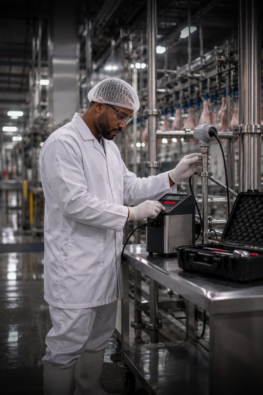Técnico calibrando instrumento em frigorífico