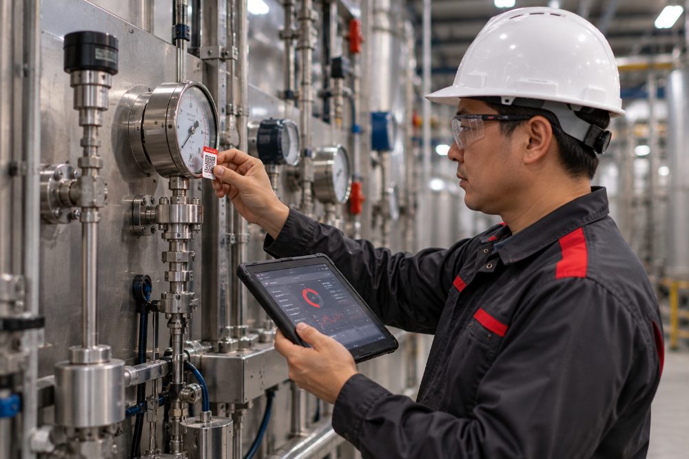 Técnico registrando instrumento no inventário metrológico